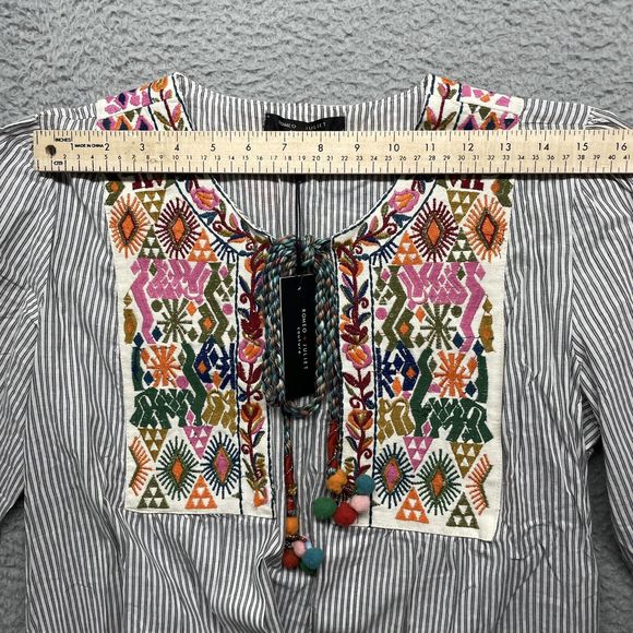 Boho Blouse Womens Medium Blue Striped Embroidery Open Front Top Farmhouse NWT - Picture 12 of 15